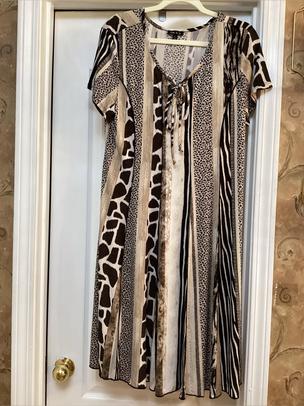 Animal Print Short-Sleeve Midi Dress in Brown and Cream size XL NEW